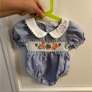 Blue smock Baby Romper with Embroidered Detail